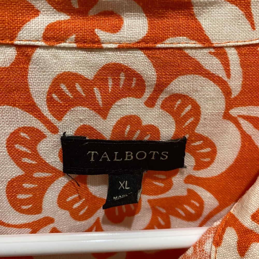 Talbots Orange White Floral Paisley 100% Linen Button Down Shirt Womens XL - Picture 4 of 6